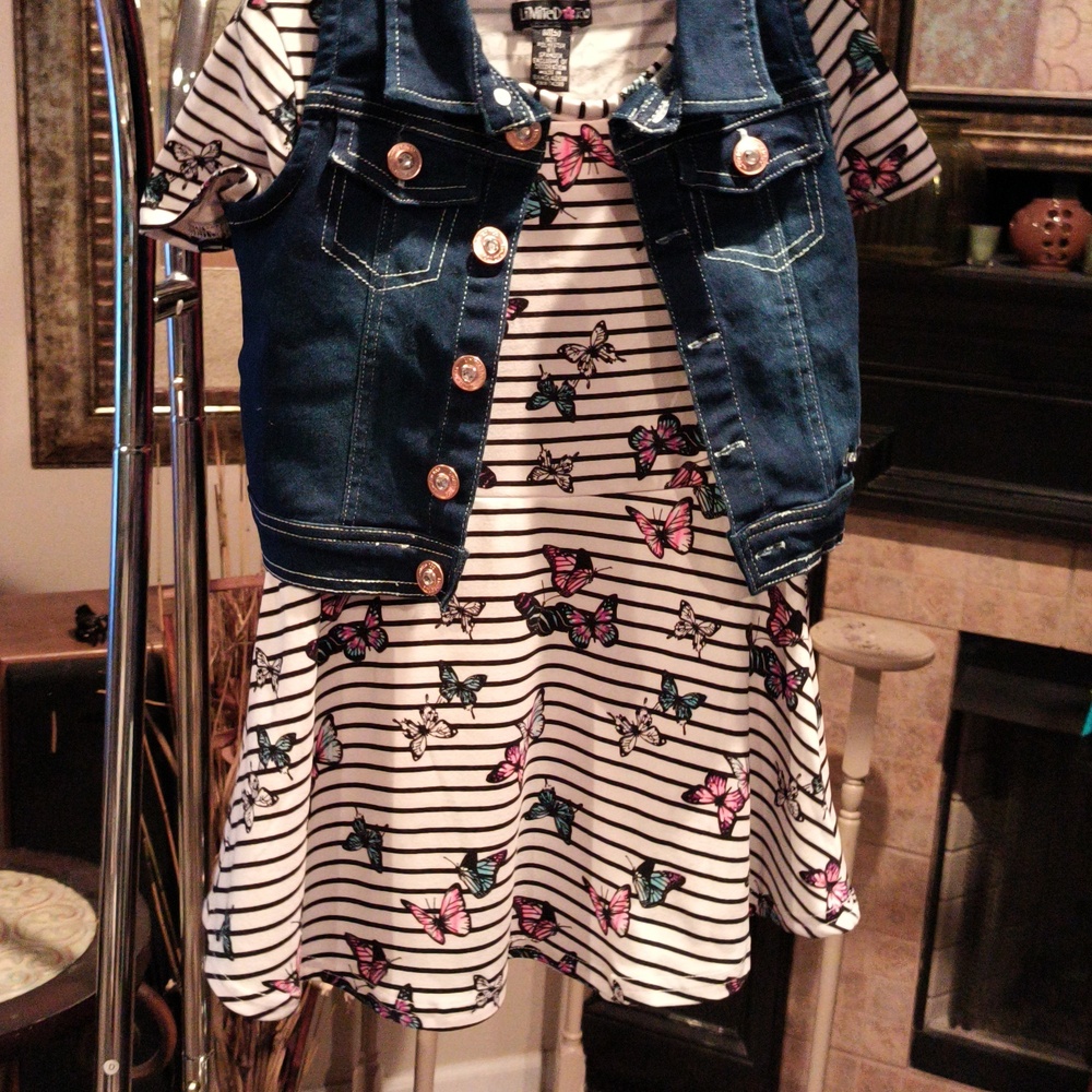 FINAL PRICE NWT Limited Too Black/White Striped Dress w Butterflies & Denim Vest - Picture 5 of 8